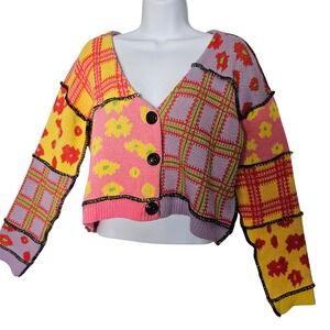 Womens Patchwork Cropped Cardigan Sweater Size M Multi Colorblock‎ Kawaii Retro